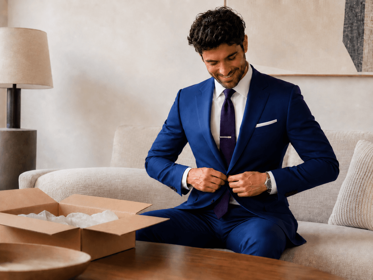 A man trying on a perfectly fitted bespoke suit jacket from its delivery box