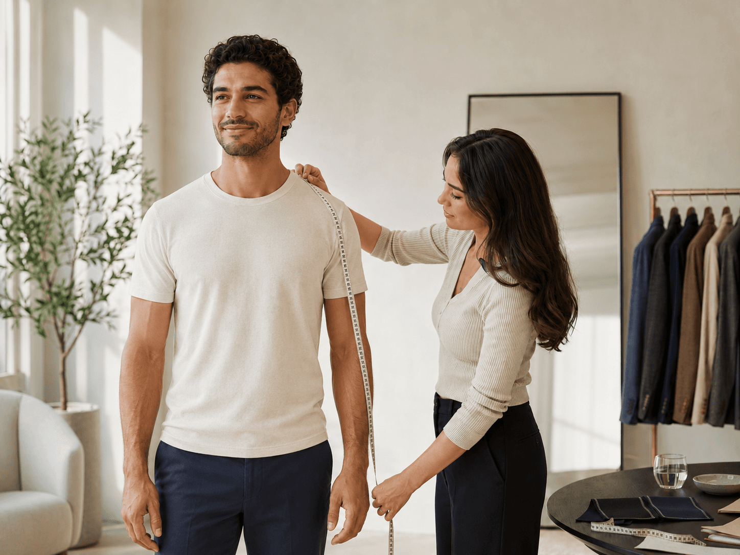 A tailor measuring a customer's shoulder with a tape measure